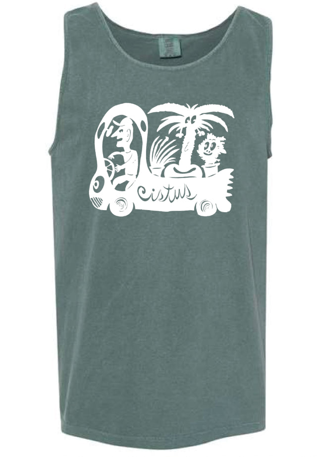 Green tank top with white graphic Cistus logo design on a white background