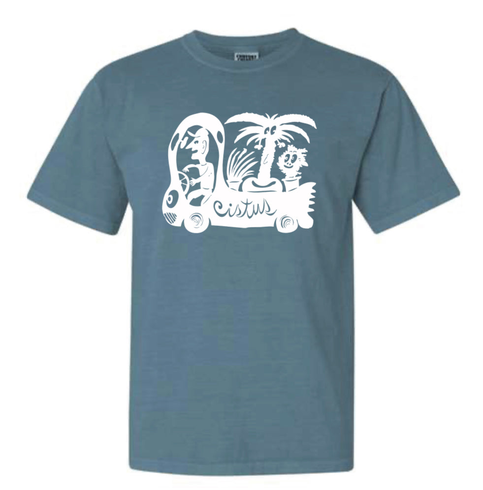 A blue t-shirt with a white graphic print of plant illustrations and the brand name 'Cistus' in bold lettering.